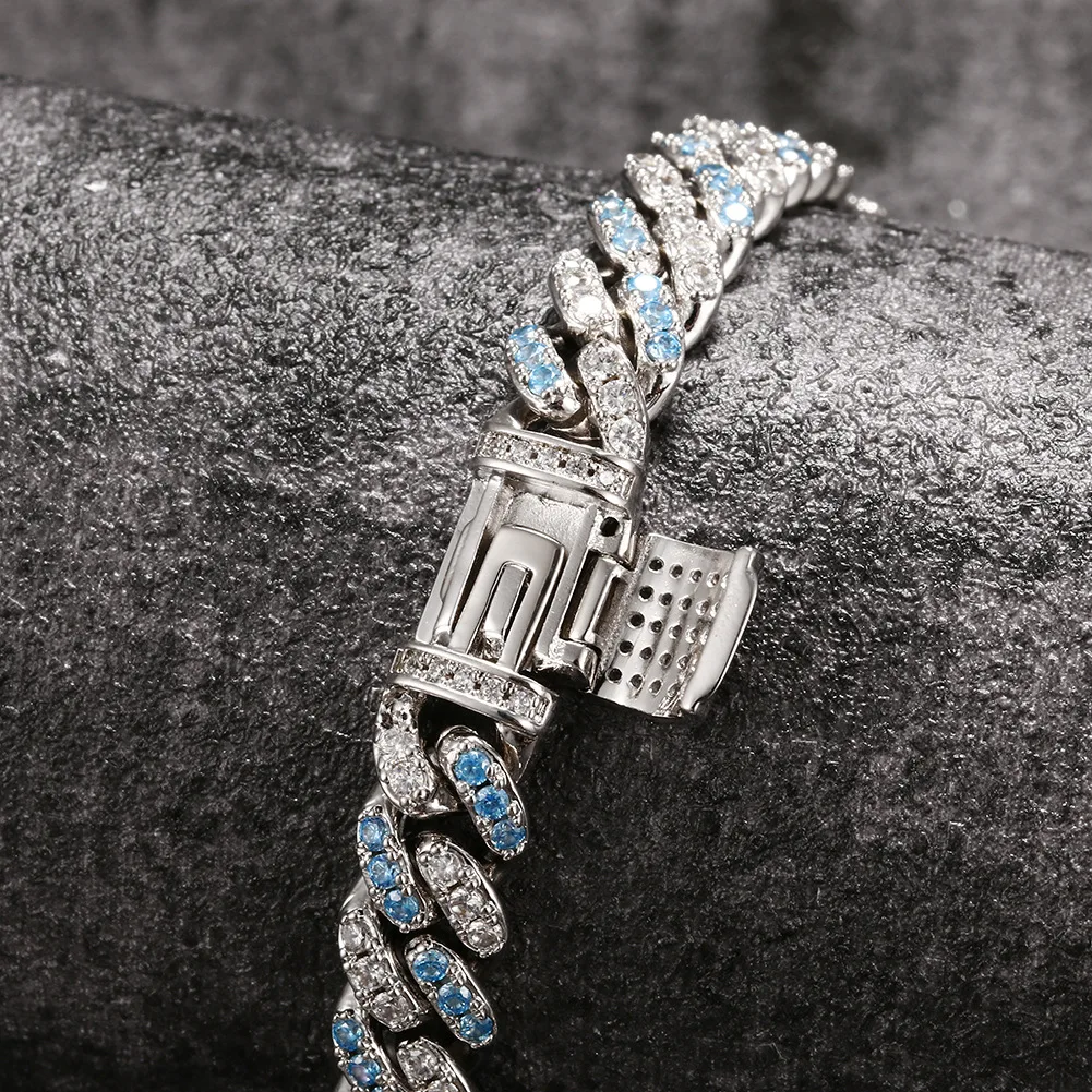 Hip Hop Blue Pink 5A+ CZ Stone Paved Bling Iced Out 8mm Solid Round Cuban Link Chain Bracelets Necklaces for Men Rapper Jewelry
