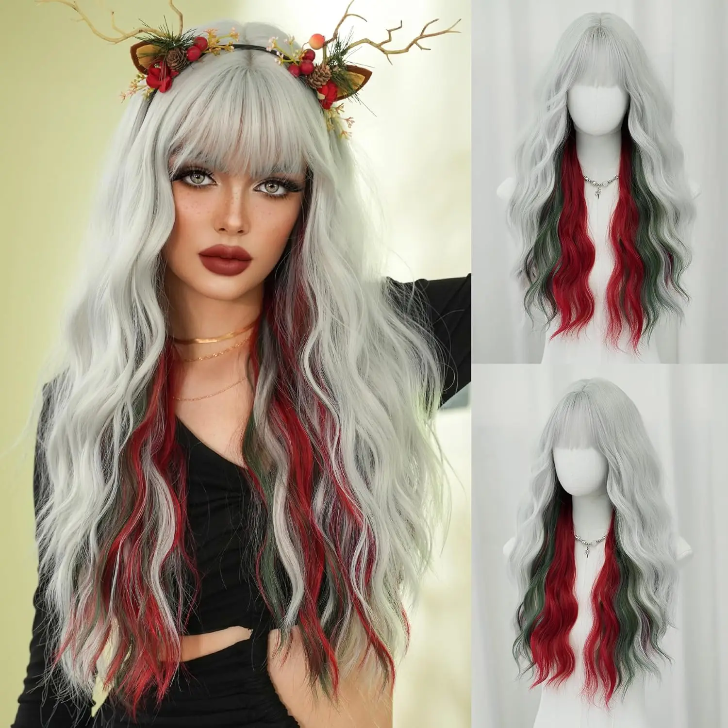 

28-дюймовый синтетический парик высокой плотности — серебристо-белый с красными и зелеными волнами, термостойкий для вечеринок на Хэллоуин и Рождество