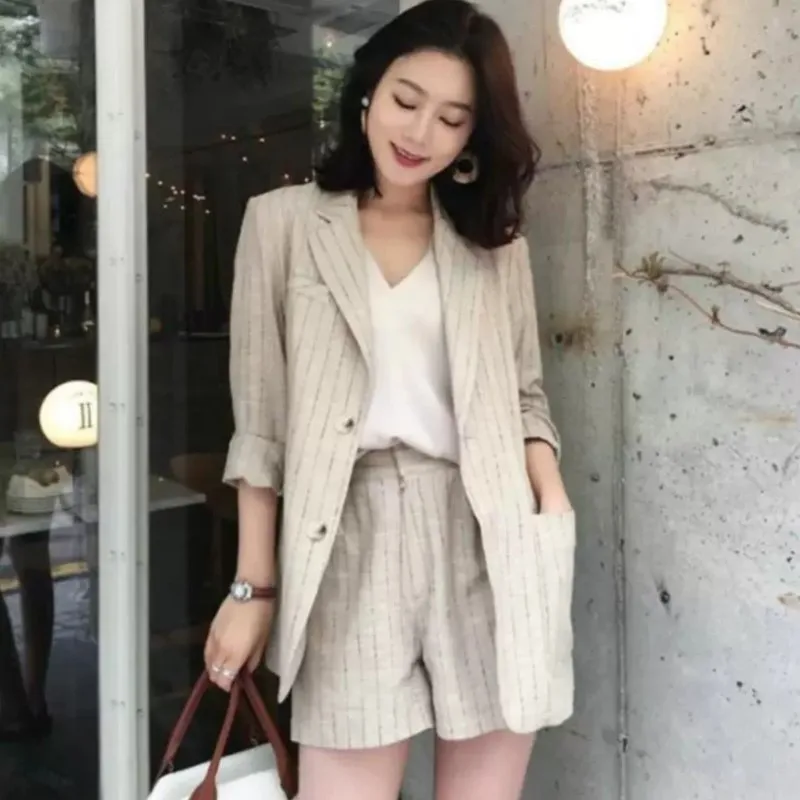 

Spring Summer Casual Stripe Blazer + Pocket Shorts 2 Piece Set Office Lady Long Sleeve Lapel Jacket Fashion Women Outfits Cotton