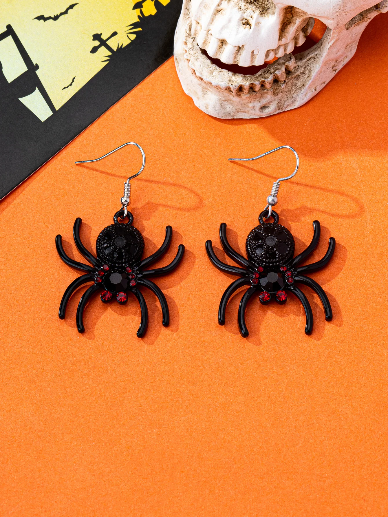 Halloween Black Spider Pendant Earrings, Red Diamond Spider Earrings, Gothic Dark Style Women's Earrings, Holiday Party Cosplay Jewelry Accessories
