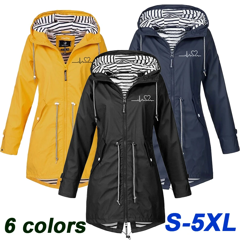 Women's Outdoor Waterproof Jacket Casual Loose Hooded Windproof Mountaineering Windbreaker Fashion Printed Windbreaker