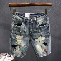 Bermuda Denim Shorts Men's Summer New Fashion Embroidery Patch Ripped Holeknee High Youth Streetwear Retro Short Jeans Male