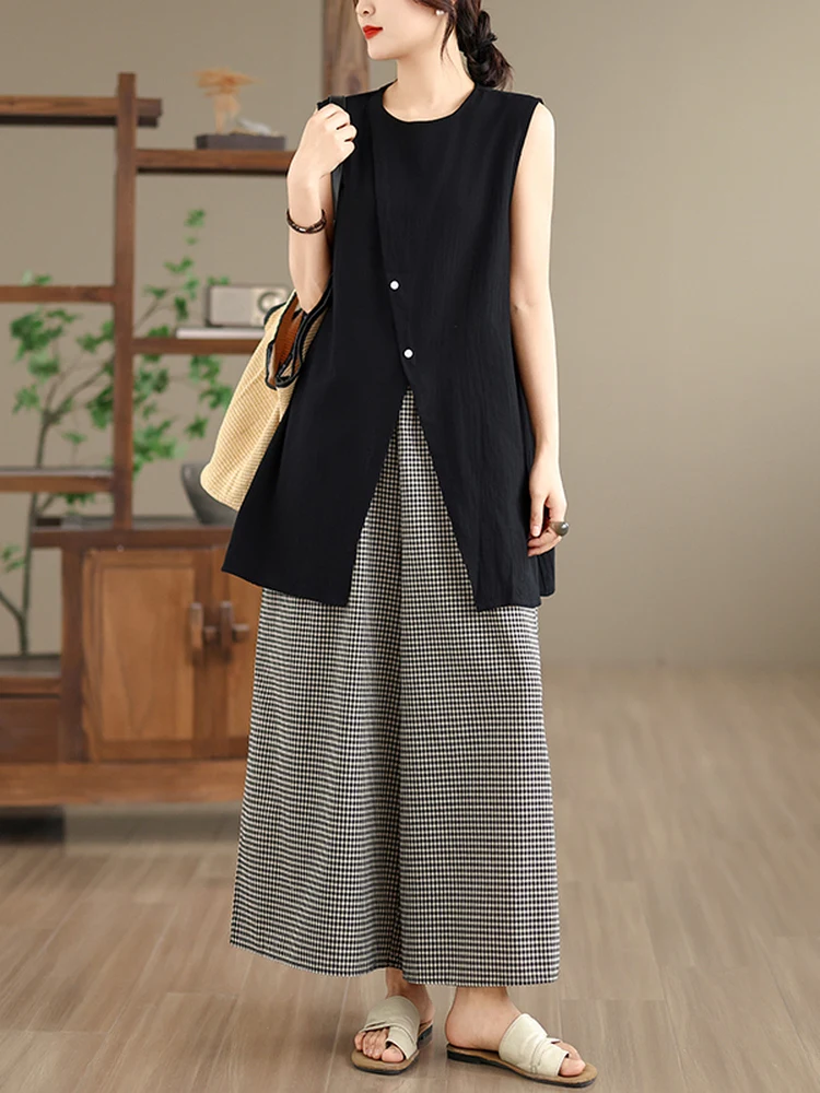 

Elegant Black Slimming Asymmetrical Sleeveless Cotton Linen Vest with High Waist Wide Leg Pants Checkered Summer Outfit for W...