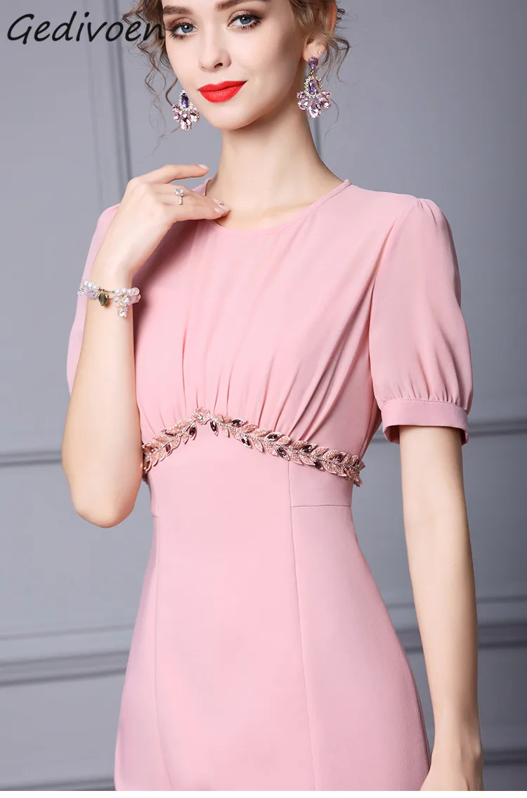 Gedivoen Fashion Designer Spring Women's Dress Round neck Pink Gentle Wind Short Sleeve Nails Drilled Through The Knee Cover But