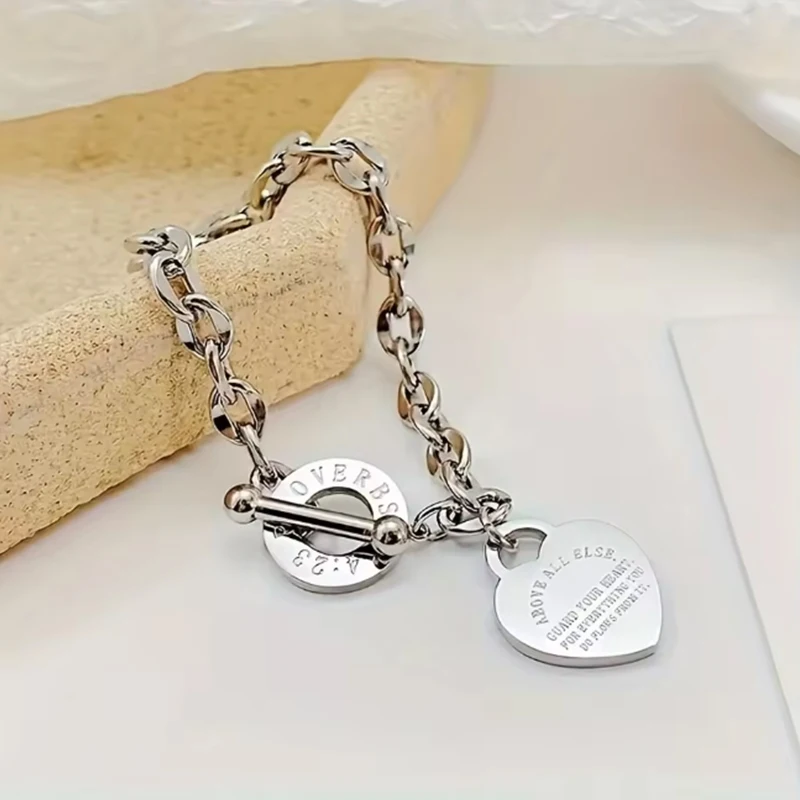 1pc Titanium Steel Bracelet With Heart Pendant Double Heart Buckle Couple Bracelet Unisex Wholesale Fashion Jewelry Gifts