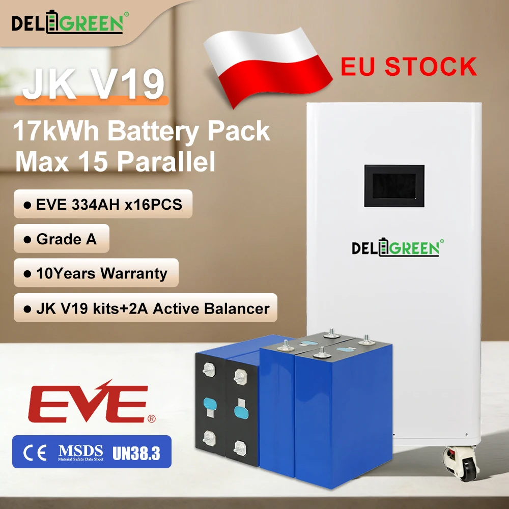EU 17kWh Lifepo4 Bttery DIY Pack EVE334 Grade A 48V Lifepo4 Battery JK V19 Kits CAN RS485 Rechargeable DIY Pack Solar VAT Free