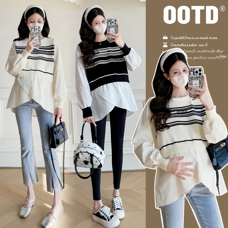 25SS Spring Korean Fashion Cute Maternity Shirts Striped Ruffle Patchwork Knitted Blouses Tops for Pregnant Women Y2K Prergnancy