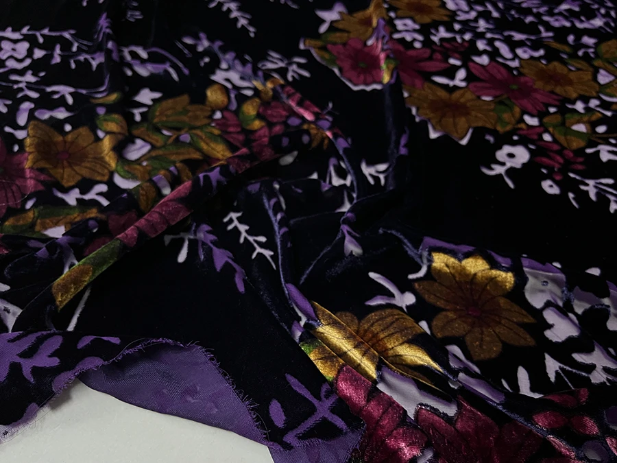 Real Silk Gold Velvet Clothing Fabric Black Purple Hollow Flower Burnt Dress Cheongsam