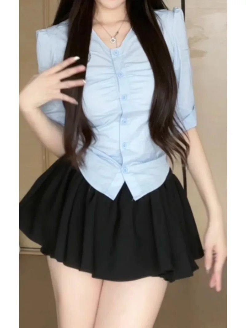 Korean College Shirt Puffy Skirt Two-piece Set Women V-neck Bow Splice Single Breasted Sweet Spicy Girl Slim Summer Lady Wear