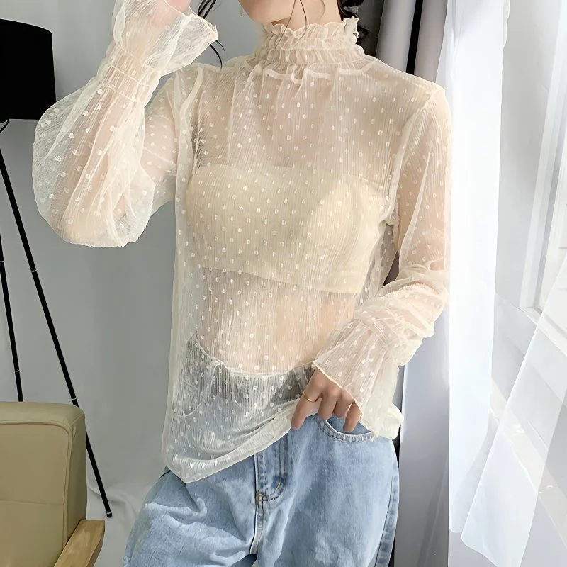 Sexy Women T Shirt See Through Transparent Mesh Tops Long Sleeve Sheer Slim Ladies Solid Turtleneck Silk T-Shirt Lace Crop Top