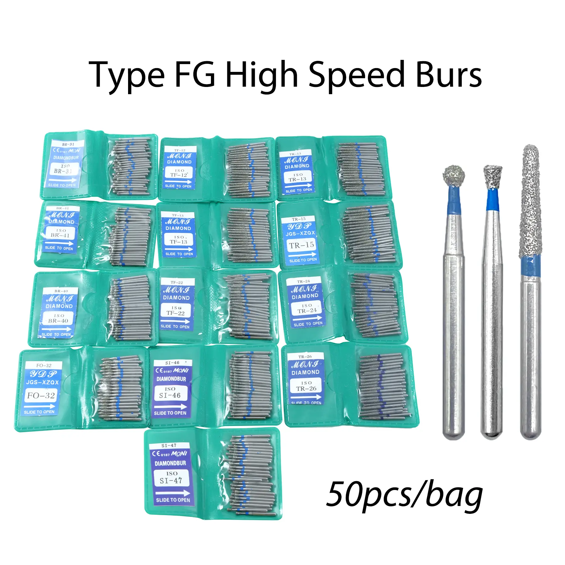 50 pçs/saco dental diamante alta velocidade burs para polimento alisamento 1.6mm de alta qualidade polimento broca ferramentas dentárias odontologia