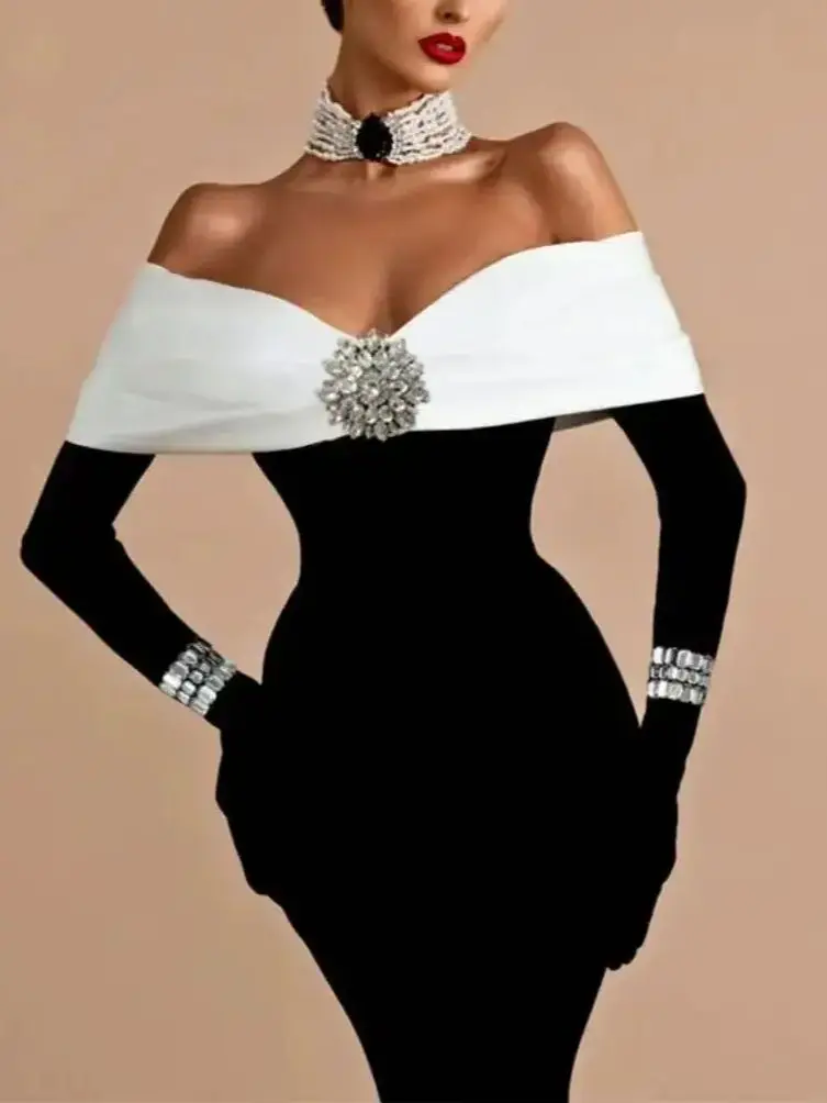 Customized Bandage Women Dresses Off the Shoulder Simple Mermaid Midi Dress Jersey Full Sleeves Crystal Diamond Party Prom Gown