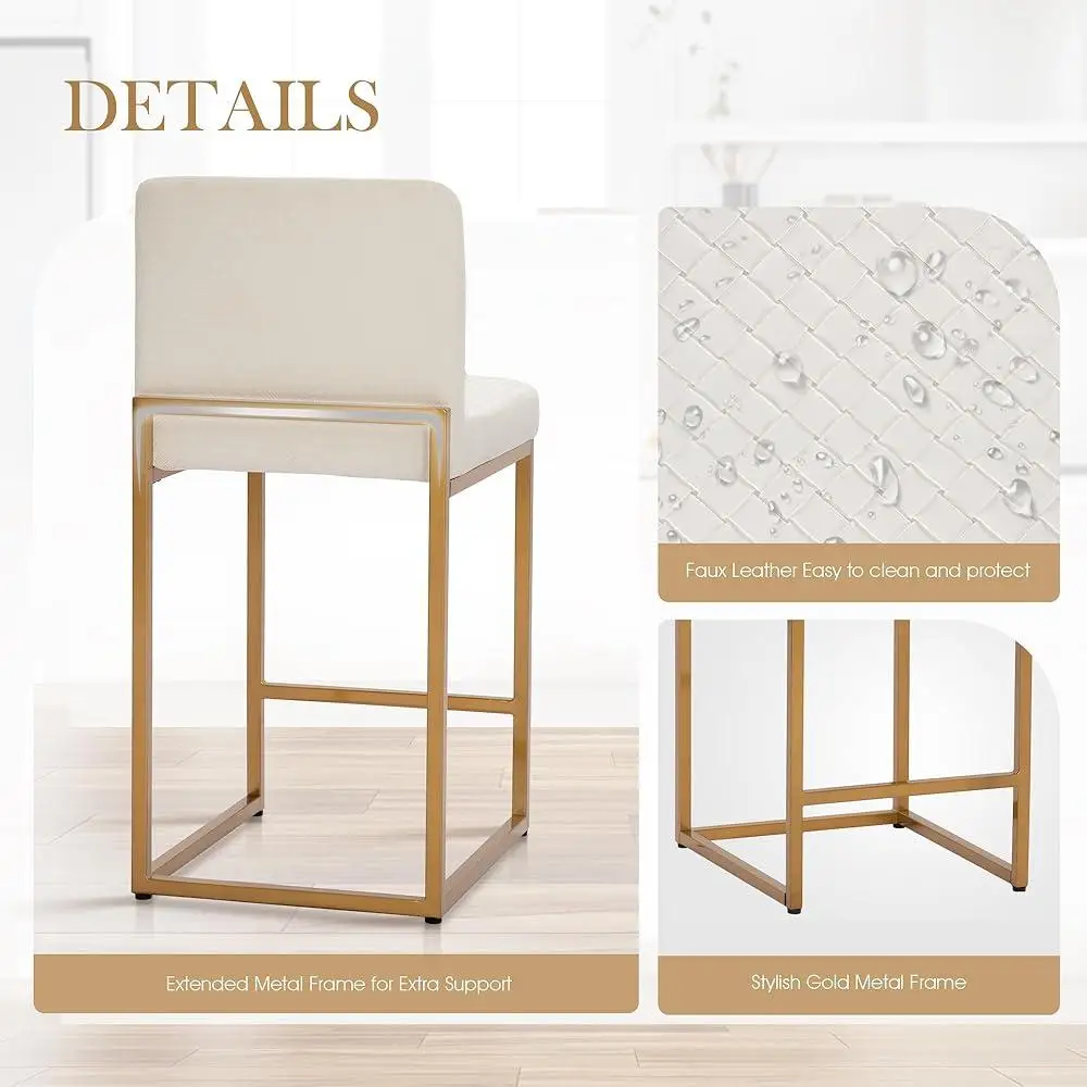 Elegant Bar Stools Set of 4 with Back Height 24 inch Comfortable PU Leather Kitchen Dining Non-Slip Gold Metal Frame