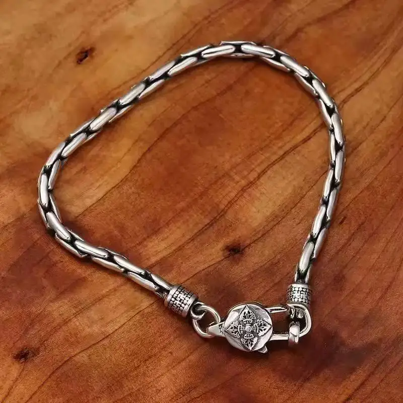 Artistic 'S Six-Word Mantra Vajra Men'S Bracelet Silver Plated Retro Trendy Ethnic Style Fashion Versatile