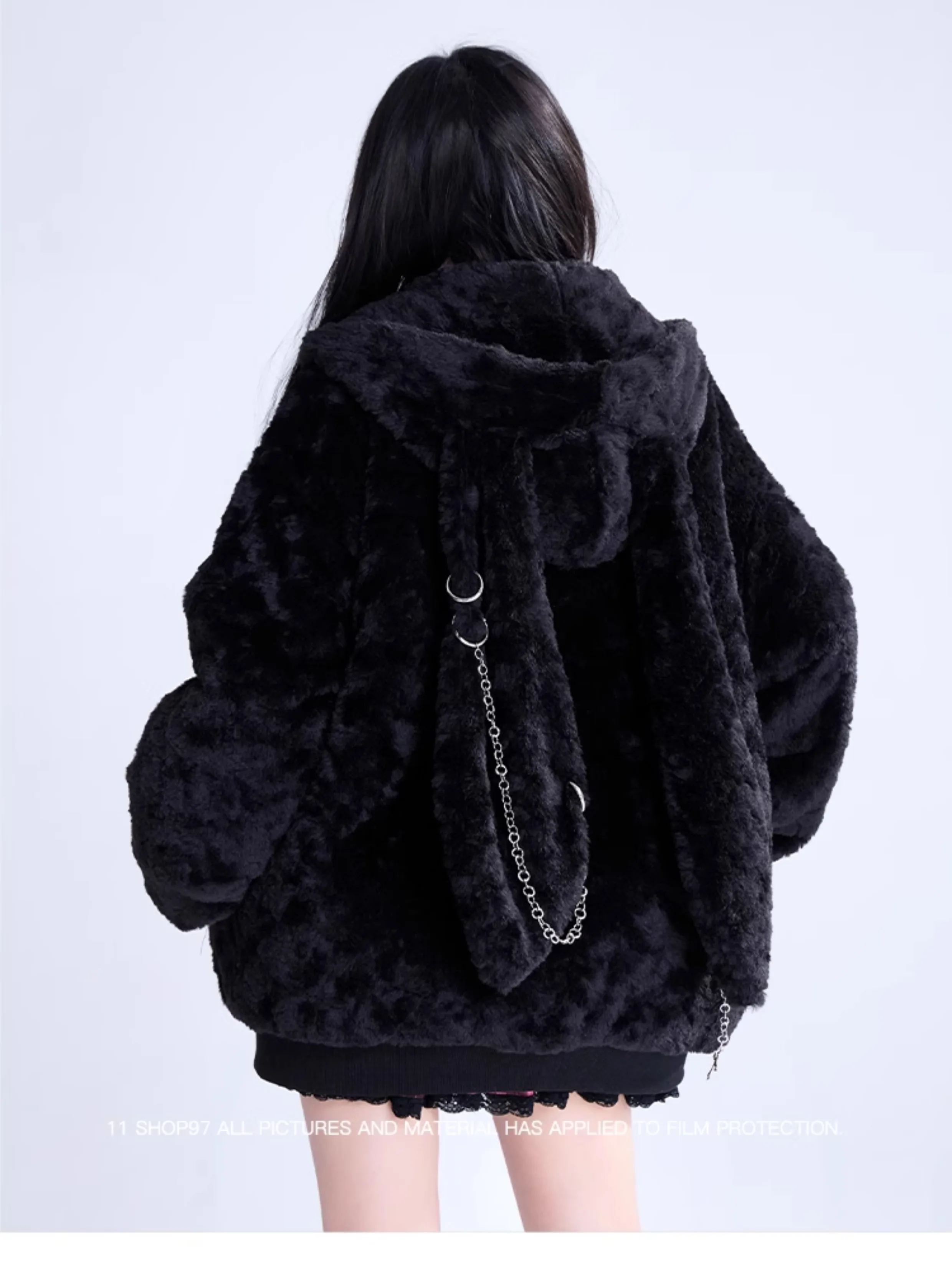 Harajuku Punk Style Black Plush Jacket Autumn Winter New Girls Sweet Cool Gothic Rabbit Ears Warm Thickened Faux Fur Jackets