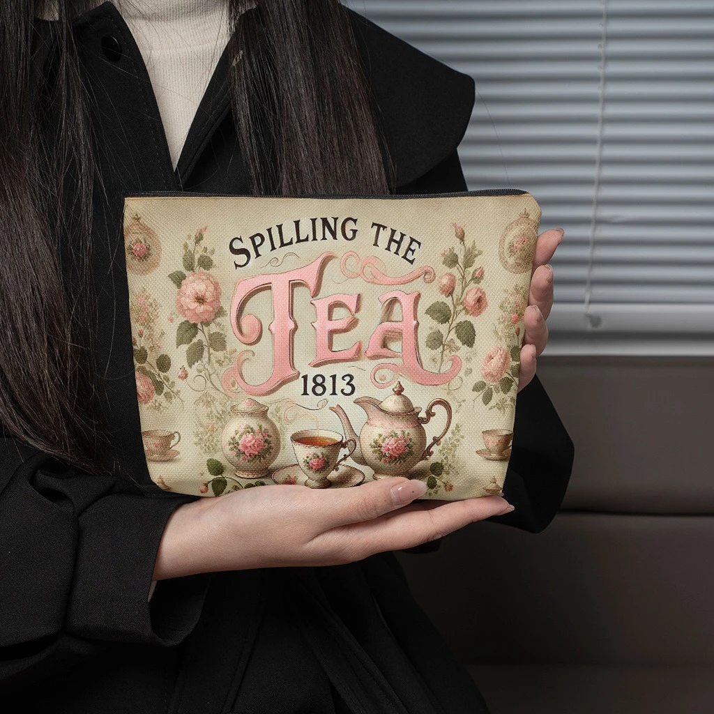 1pc Vintage Victorian Tea Set Makeup & Toiletry Bag - Elegant Floral Tea Party Design with Spill-Resisting Zipper Closure