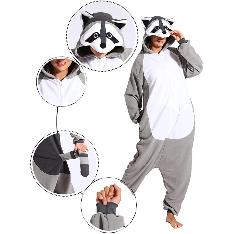 Fleece Kigurumi Raccoon Onesie For Women Pajamas Sleepwear Cosplay Costume Couple Pijamas Men Christmas Halloween Birthday Gift