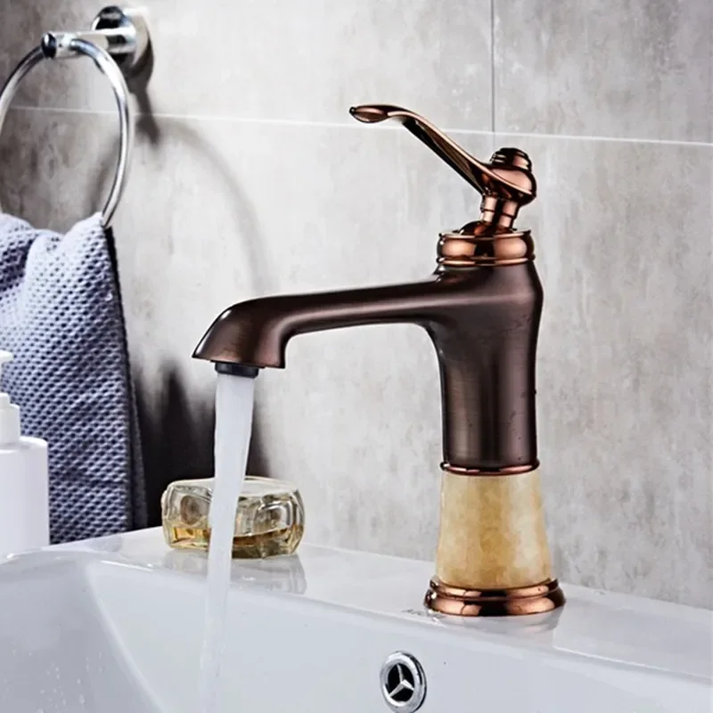 Bathroom Faucets Oil-rubbed Bronze Faucet Brass jade Basin Mixer Tap Hot and Cold Water Tap Sink Crane