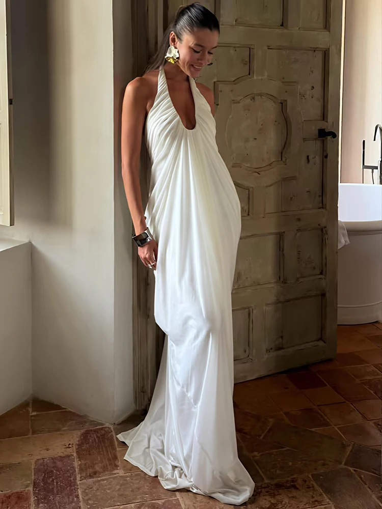 فستان XIAOTANG شبكي بدون ظهر مثير ماكسي فستان نسائي أنيق بياقة على شكل V بدون أكمام مطوي فساتين طويلة للحفلات والنوادي