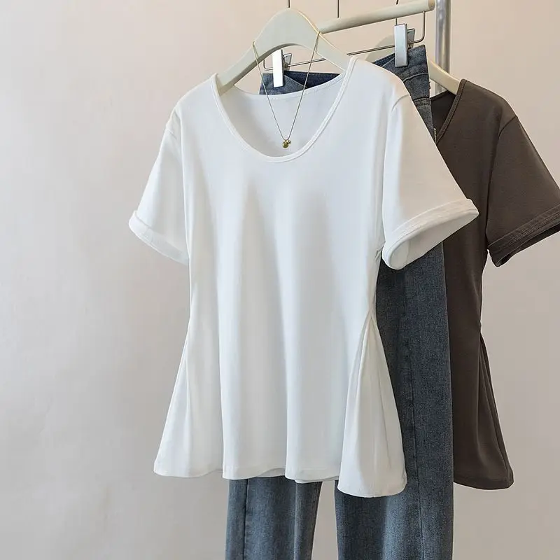 

Summer New Fashion Ruffles Solid Color T-Shirt Women's Elegant Loose O-neck Pure Cotton Short Sleeve Tops