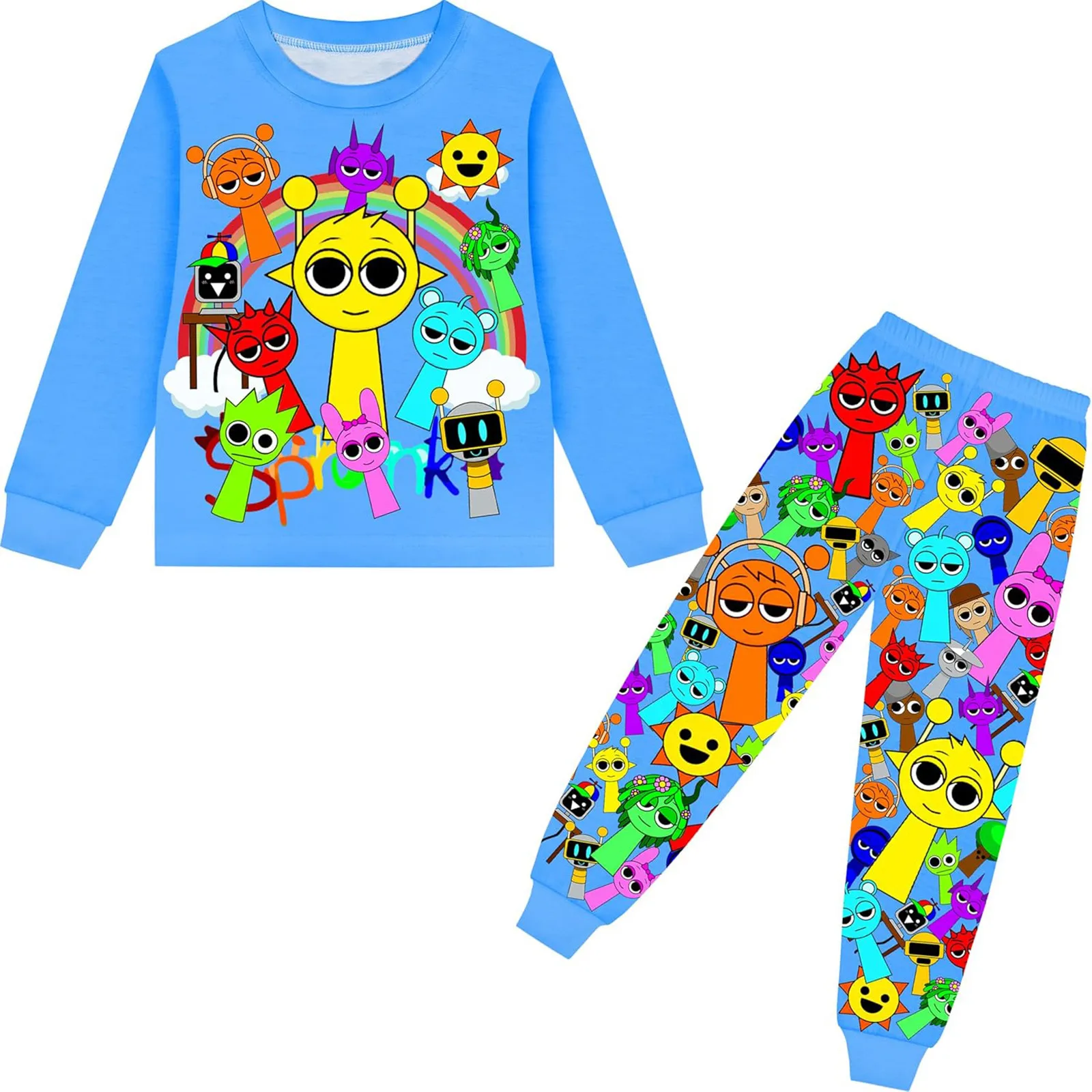 Sprunki Pajama Sets Kids Cartoon Incredibox Clothes Toddler Boys Daily Nightgowns Baby Girls Long Sleeve T Shirt+Pants 2pcs Sets