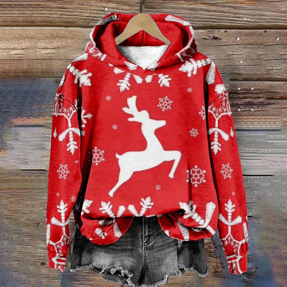 Christmas Hoodie Deer Print Red Pullover for Women Fashion Harajuku Long Sleeve Sweatshirt Party Wear