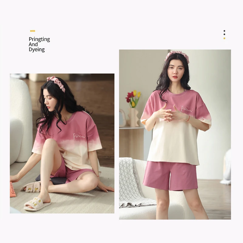 MIIOW Pajama Women 2 Pieces Set  Advanced Gradient Colors Sleepwear Homewear Comfort Short Sleeve and Shorts Night Wears Set 파자마