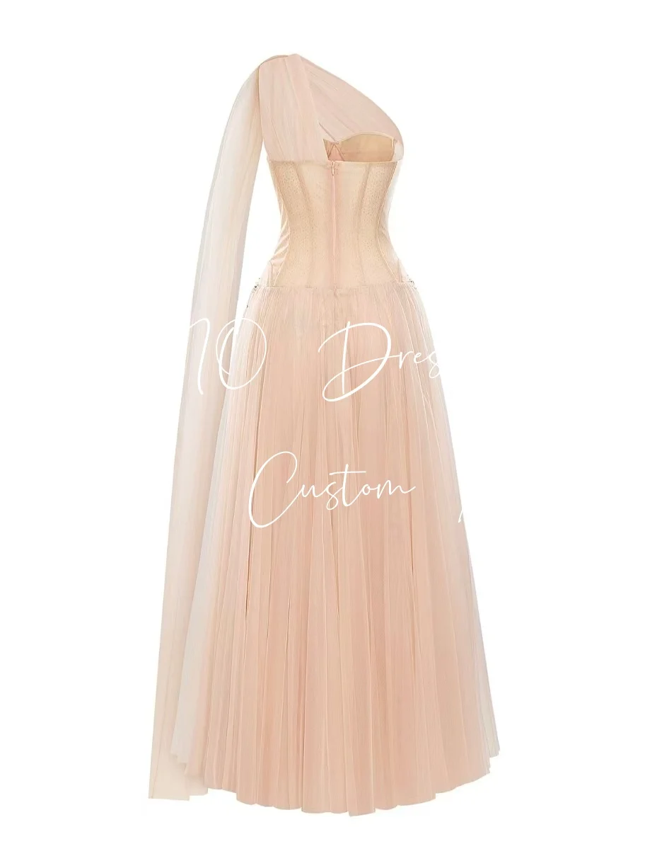 ZHIO 우아한 샴페인 튤 비즈 이브닝 드레스 원 숄더 롱 자켓 A라인 특별한 날 웨딩 파티 프롬 가운 맞춤 제작