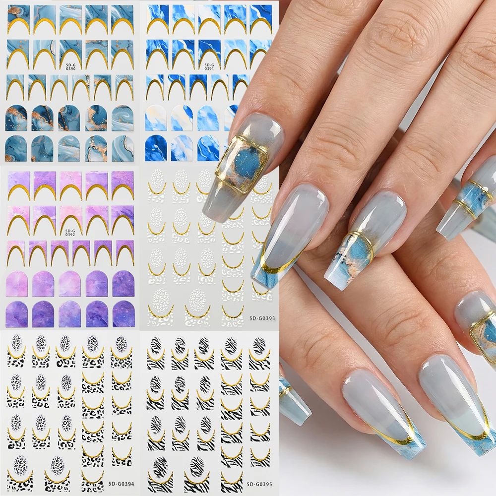 สติกเกอร์ติดเล็บลายเสือดาว 5 มิติ ชุด 6 ชิ้น สีม่วงทอง ลายเส้นทอง สำหรับตกแต่งเล็บ