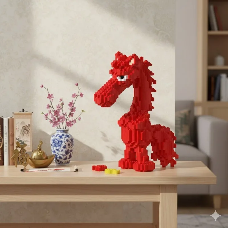 مكعبات بناء سنة الحصان ثلاثية الأبعاد لعبة ألغاز عالية الصعوبة، نموذج تجميع ذاتي الصنع تمثال حصان مصنوع يدويًا لديكور غرفة المعيشة