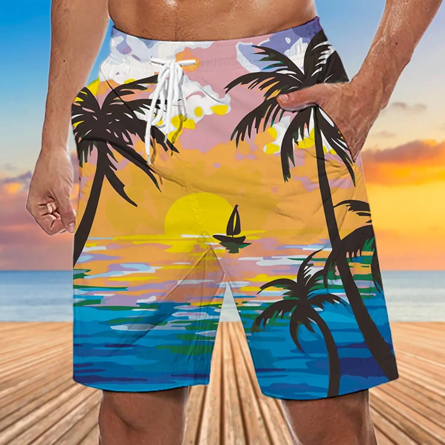 Summer Fashion Mens Swim Shorts Quick Dry Swim Trunks Coconut Tree Hawaiian Shorts Board Shorts Waterproof Beach Swimwear