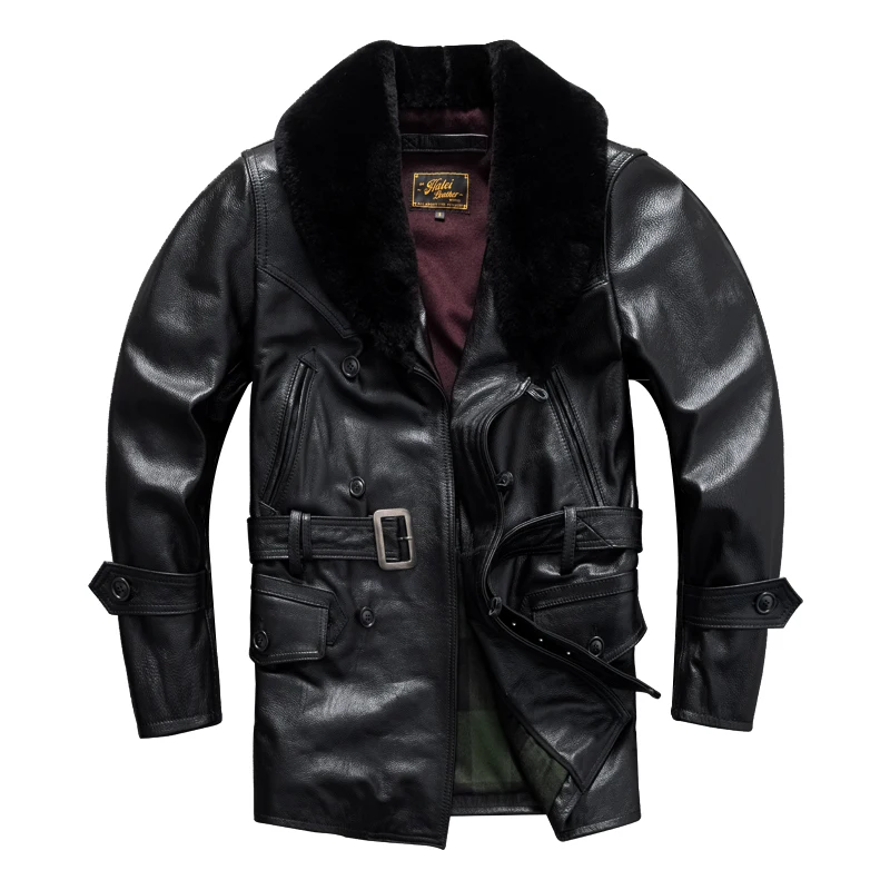 

Black Winter Leather Jacket Men Wool Collar Plus Size 5XL Genuine Natural Thick Cowhide Single Breasted Belt Leather Coat