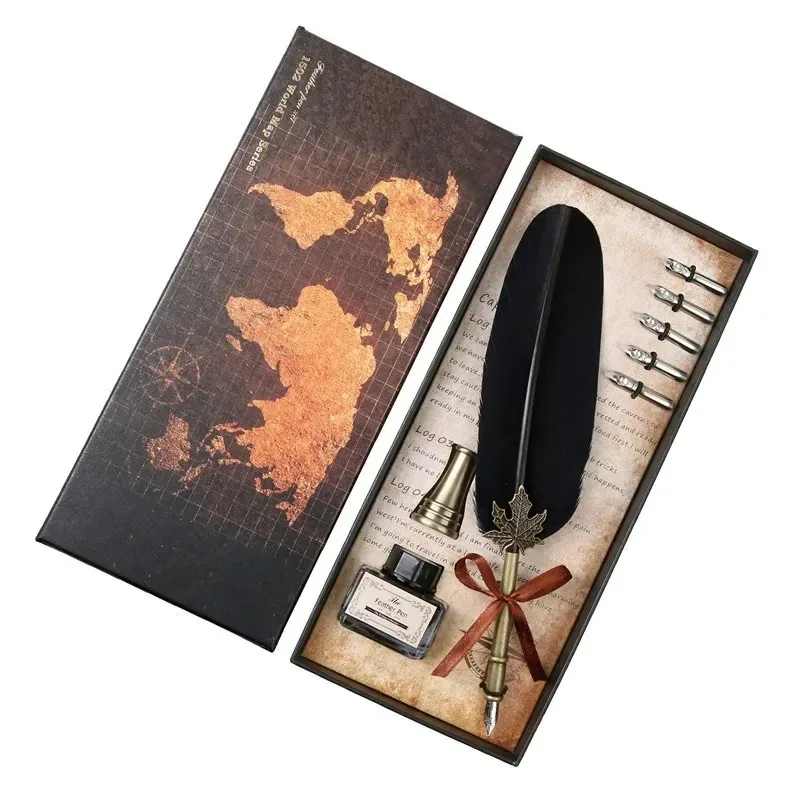 Retro Calligraphy Feather Dip Pen Set with 2 Nib Options Quill Fountain Writing Vintage Stationery Gift Box with Ink