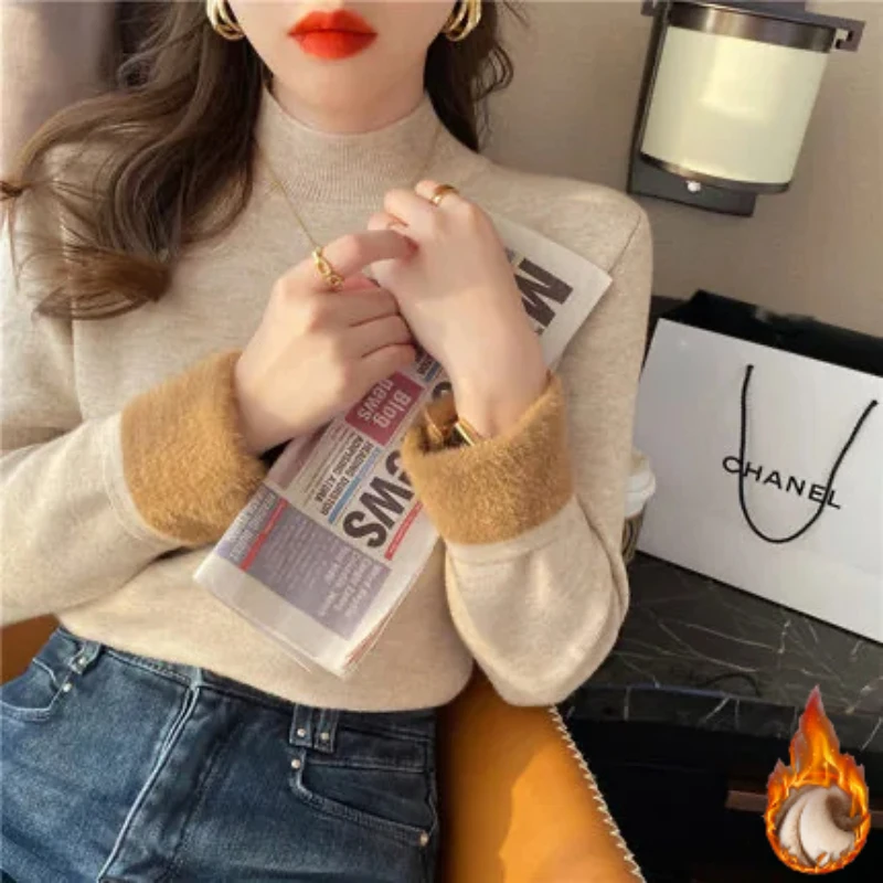 

Turtleneck Sweater Women Fashion 2024 Stretch Tops Thick Warm Knit Plush Velvet Lined Knitted Pullovers Bottoming Sweater
