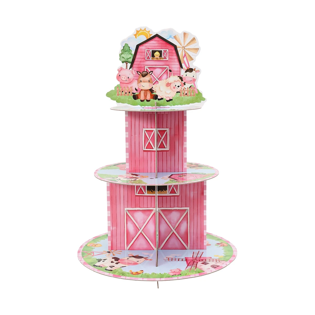 3 Tier Pink Barnyard Farm Paper Cake Display Stand Happy Birthday Party Decoration 1st Birthday Party Dessert Cake Rack Decor