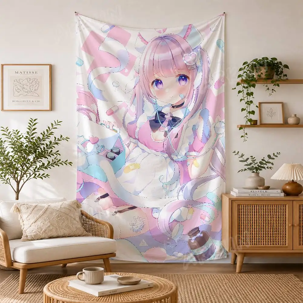 Hot Fashion Kawaii Nurse Anime Girl Tapestry, Pastel Pink Manga Character Home Living Room Tapestry Decor