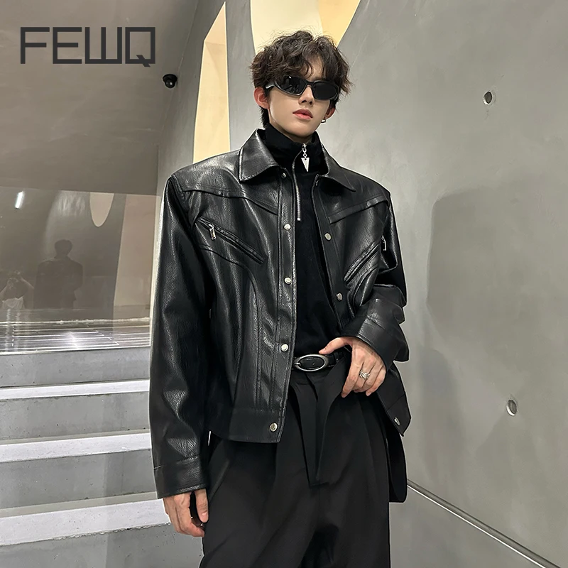 FEWQ Shoulder Pad Motorcycle Deconstruction Design PU Leather Jacket American 2024 Solid Color Male Tops Fashion 24E2652