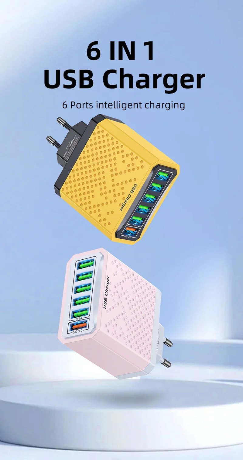 6-in-1 Multi Port Charging Head 5v3a Fast Charging Head Qc3.0 Quick Charging For Samsung S23 Xiaomi Eu/kr/us/uk Adapter Plug