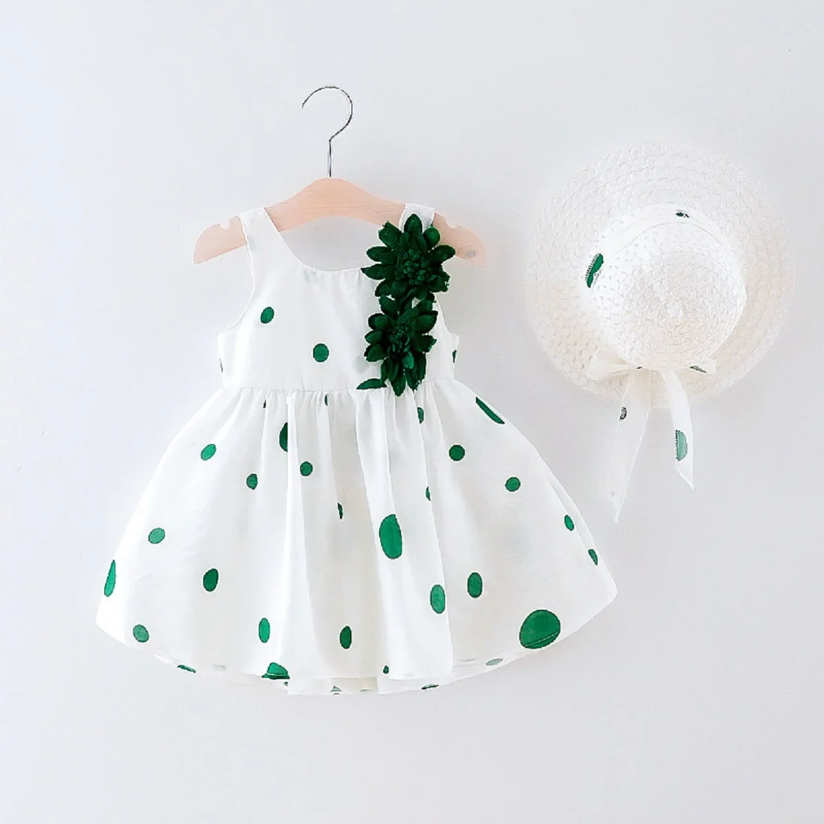 New Summer Girls Dress Floral Embellished Birthday Party Team Dress Polka Dot Full Print + Hat Bow Sweet Princess Dress