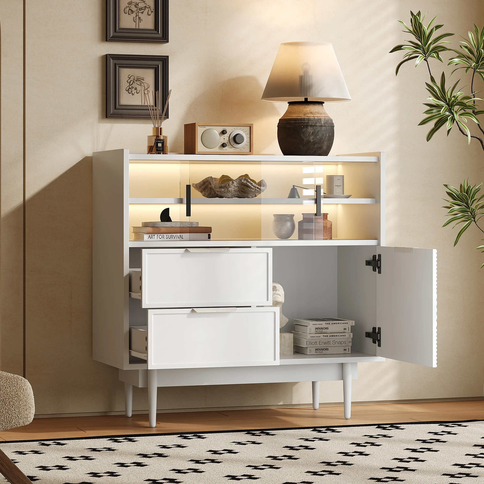 Meuble de rangement avec 1 porte coulissante en verre, 1 tiroir, niches ouvertes et éclairage LED pour salle de bain en MDF blanc
