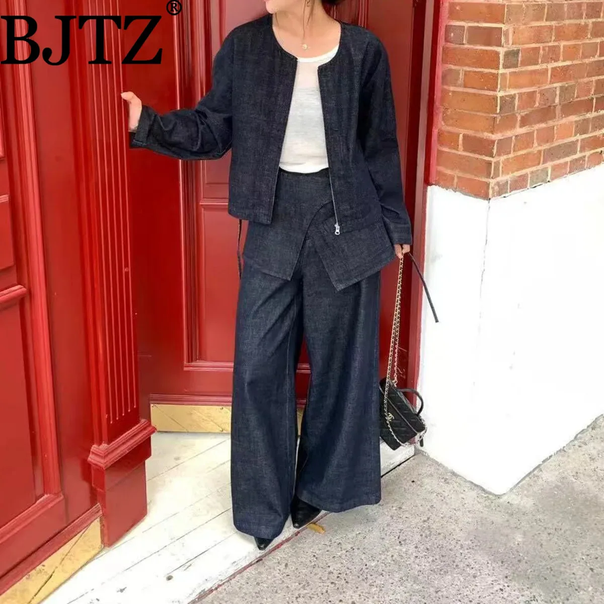 

BJTZ Round Neck Zipper Jacket Three Piece Set 2025 New Women's Hip Cape High Waist Wide Leg Pants Spring Fall Casual