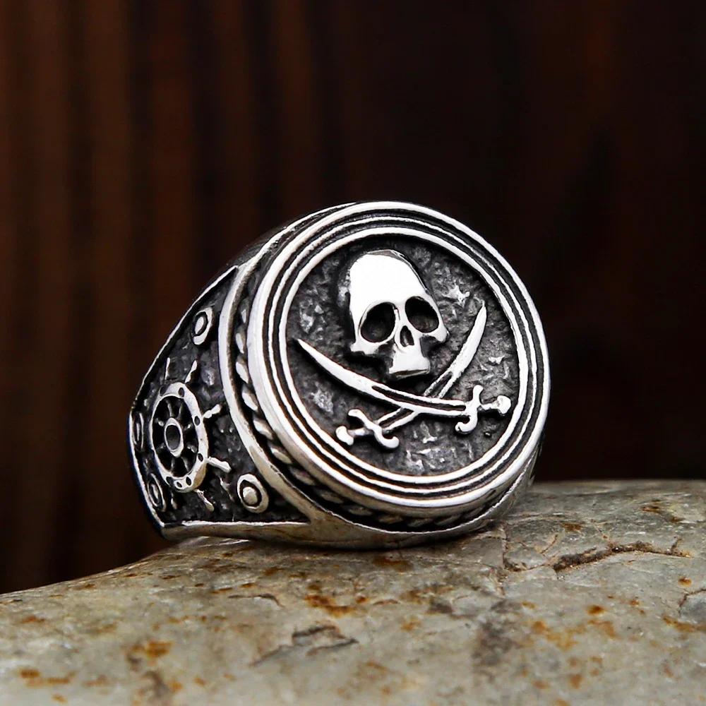 Fashion Vintage Punk Pirate Skull Ring Stainless Steel Double Knife Ring For Men Unique Biker Jewelry Gifts Dropshipping