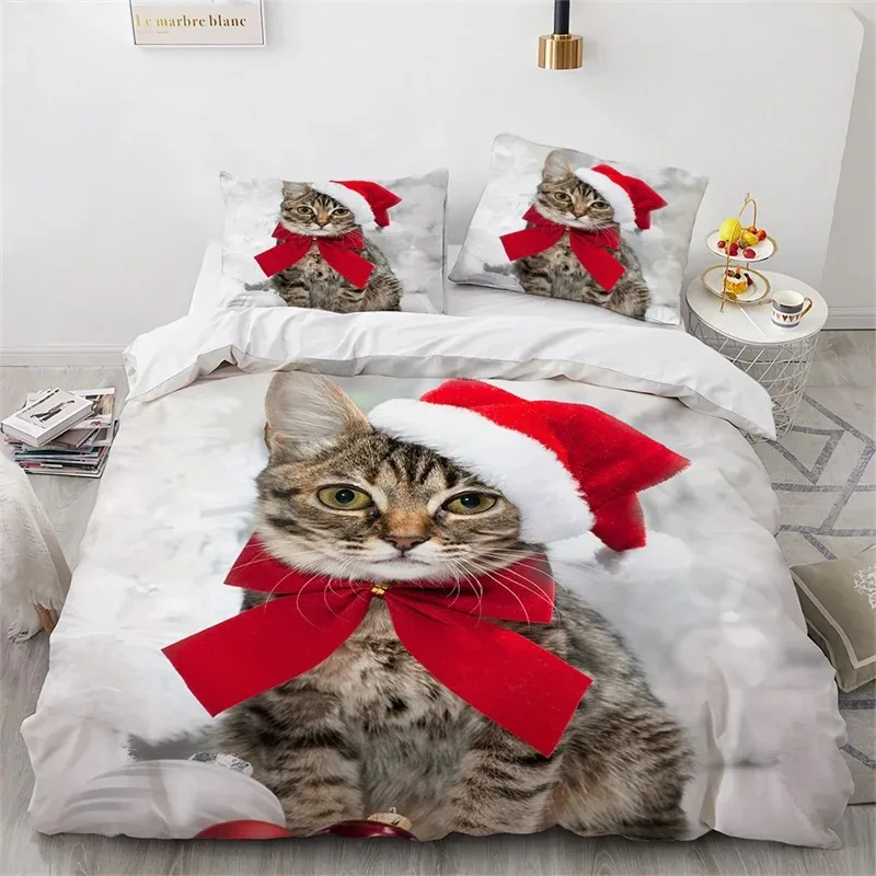 Cat Merry Christmas Santa Claus Bedding Set Boys Girls Twin Queen Size Duvet Cover Pillowcase Bed Adult Home Textileextile