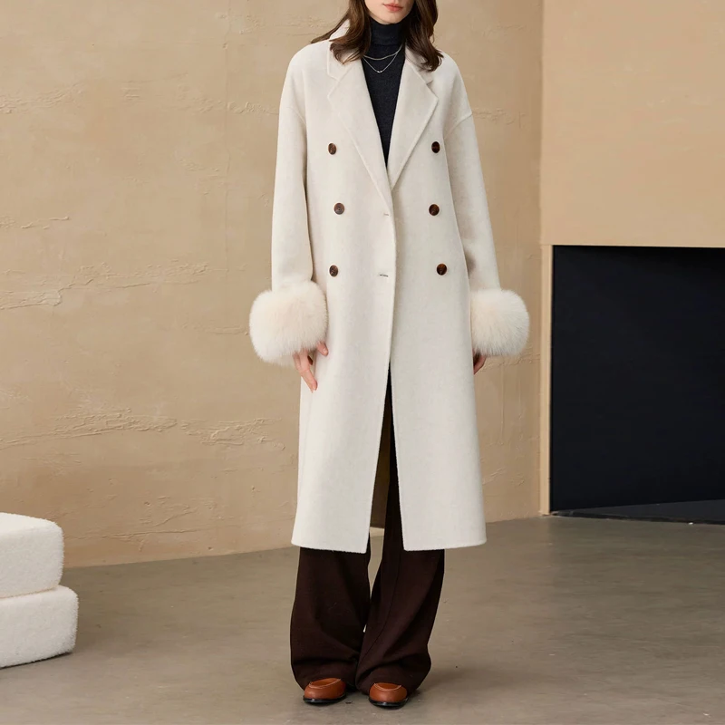 

91% Wool + 9% Alpaca Wool Women's Long Woolen Coat Casual Chic Ladies Double-breasted Fox Fur Cuffs Double-faced Wool Outwear