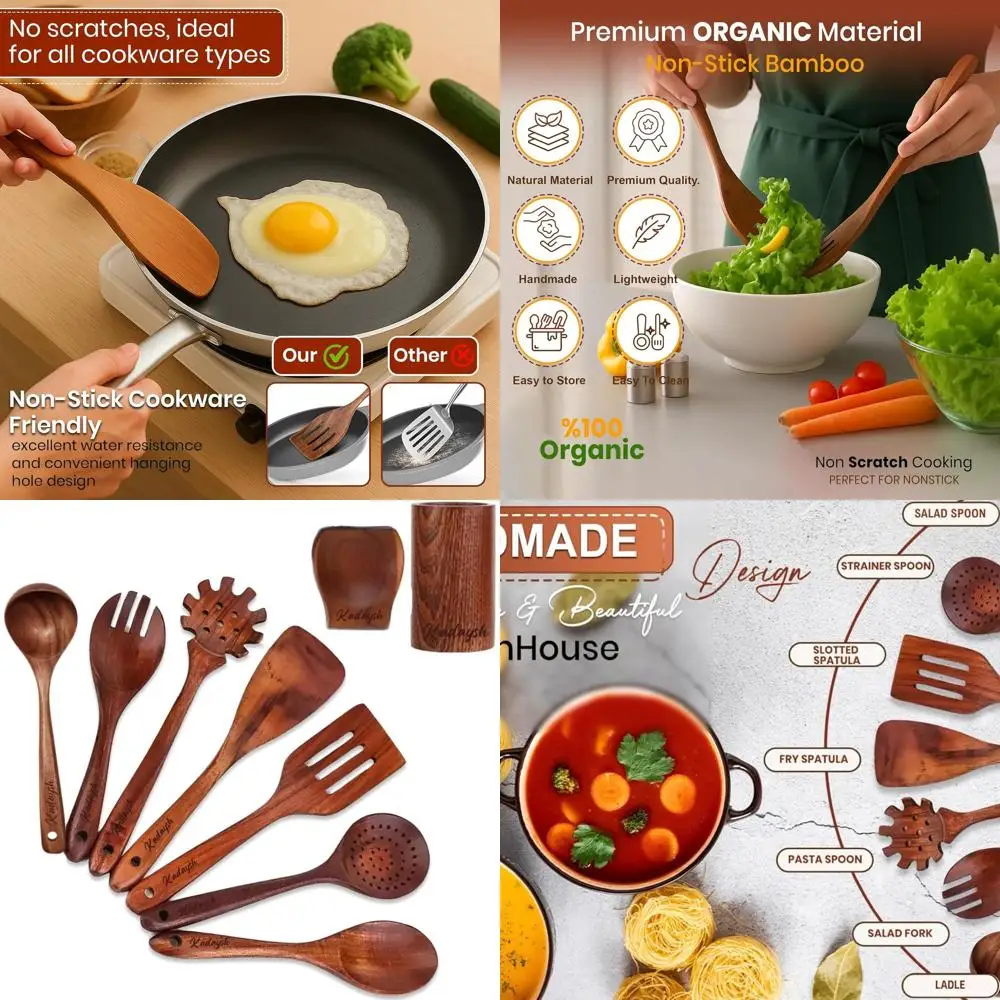 

9-Piece Teak Wood Kitchen Utensil Set with Hooks and Spoon Rest - Durable Cooking Tools