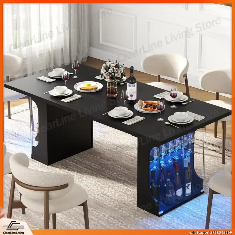 

Large Black Dining Table with Tempered Glass Top LED Lights and Storage Cabinet for Modern Kitchen Living Room Seats 4 to 8