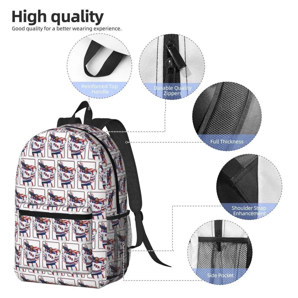 Connor Hellebuyck MVP Team USA Backpack Daypack Large Capacity Children BookBag School Bag Shoulder Bags for Men Women