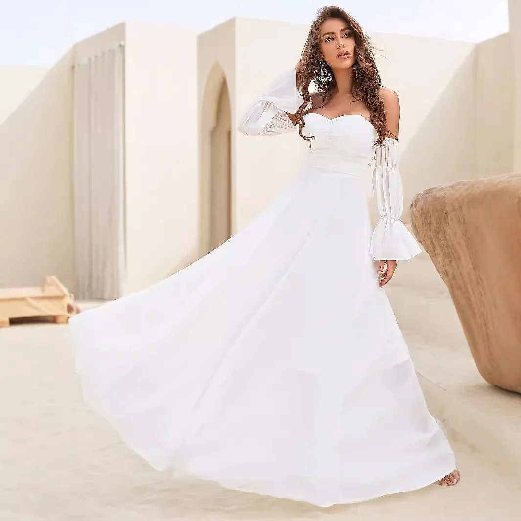 Elegant A-Line Wedding Gown Strapless Chiffon Ruffles Long Sleeves Sweep Train for Beach Wedding Guest Gown 2025 Free Customized