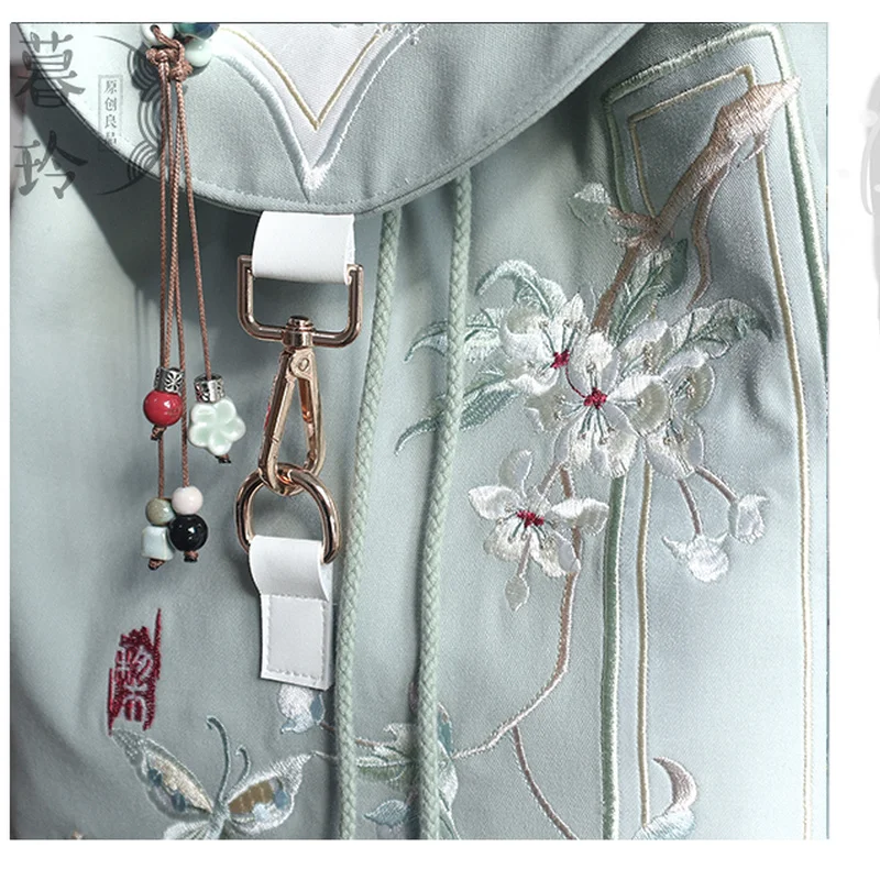 15인치 레트로 중국 스타일 백팩 수제 자수 캔버스 가방 지퍼 노트북 드로스트링 배낭