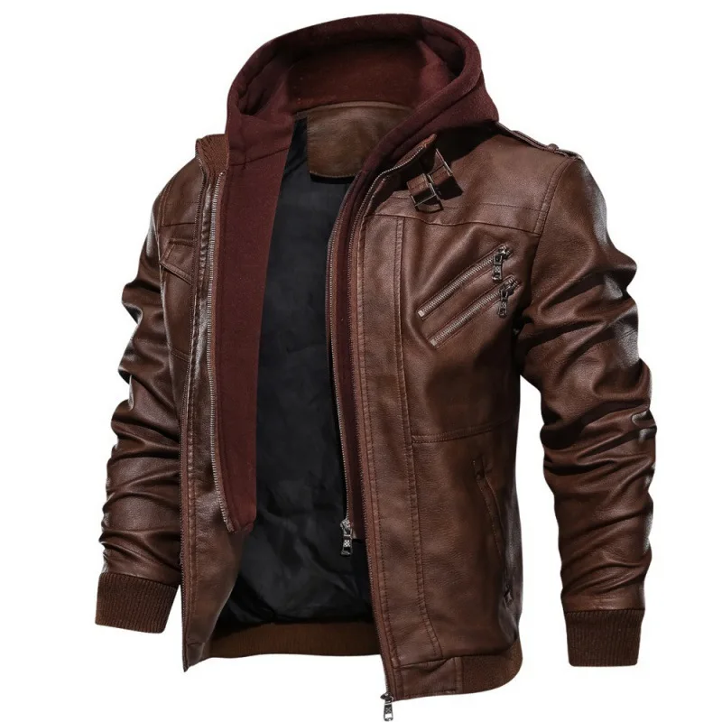 

Fake Two Piece Leather Jacket Men's Double Zipper Hooded Bike Leather Jacket Removable With Hat Jacket